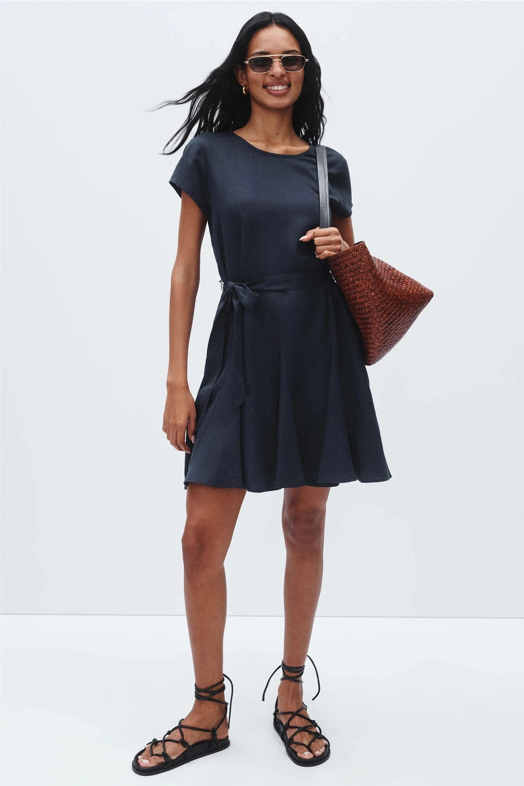 Chic A-Line Round Neck Short Sleeve Belted Dark Navy Mini Homecoming Dress