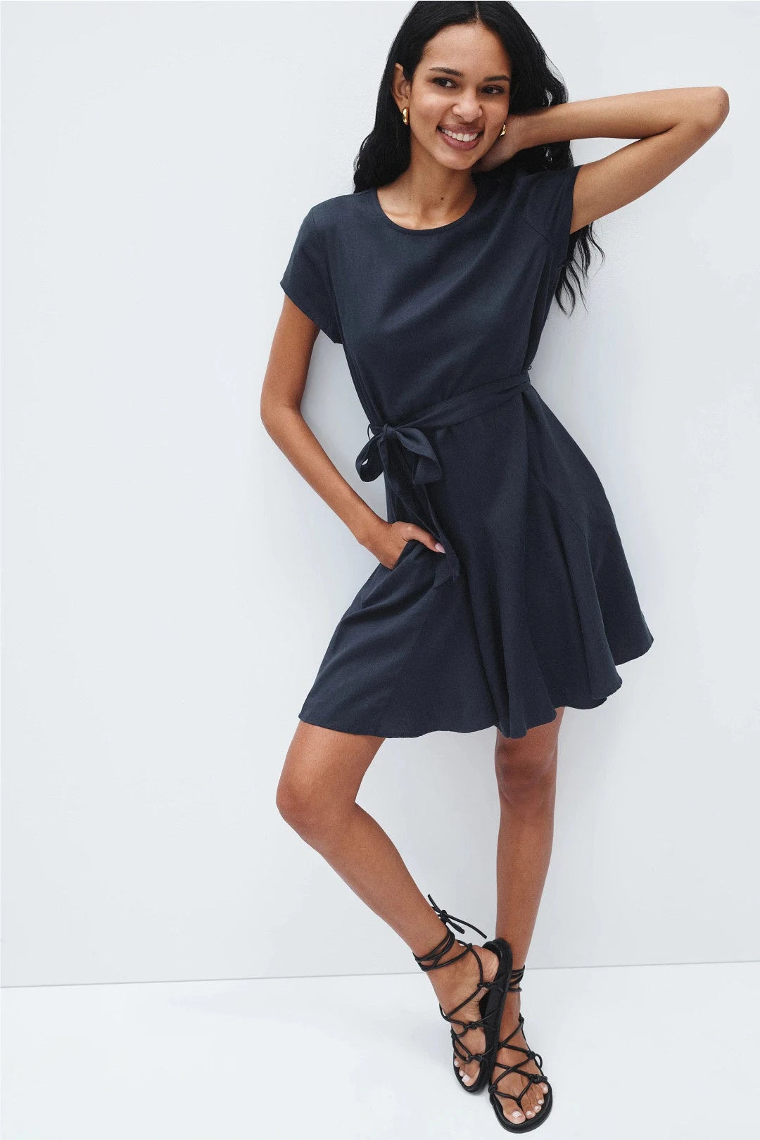 Chic A-Line Round Neck Short Sleeve Belted Dark Navy Mini Homecoming Dress