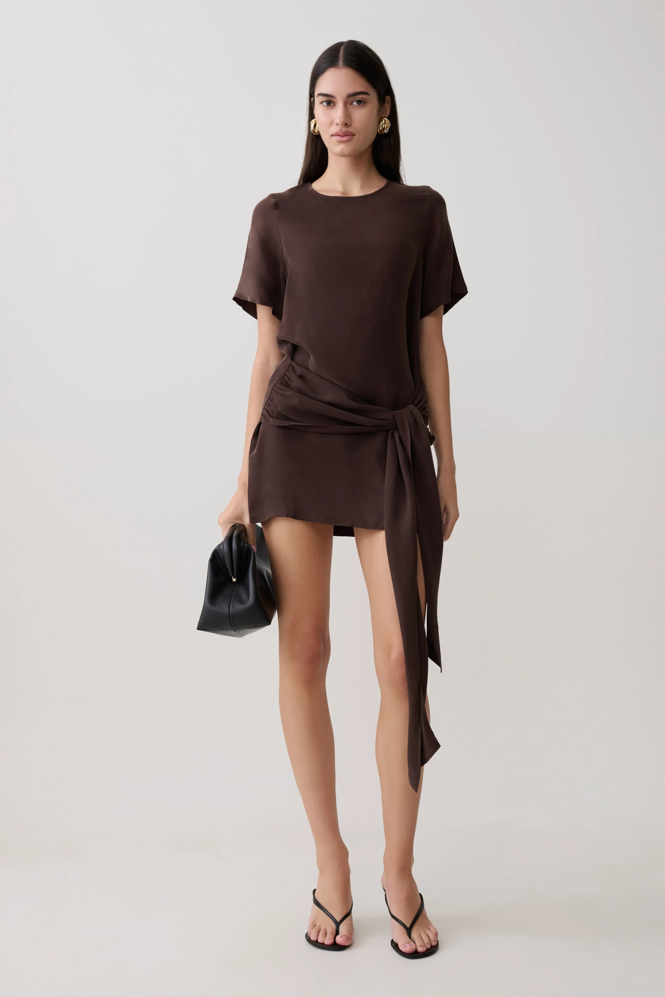 Chic A-Line Round Neck Short Sleeve Ruched Tie-Waist Chocolate Mini Homecoming Dress