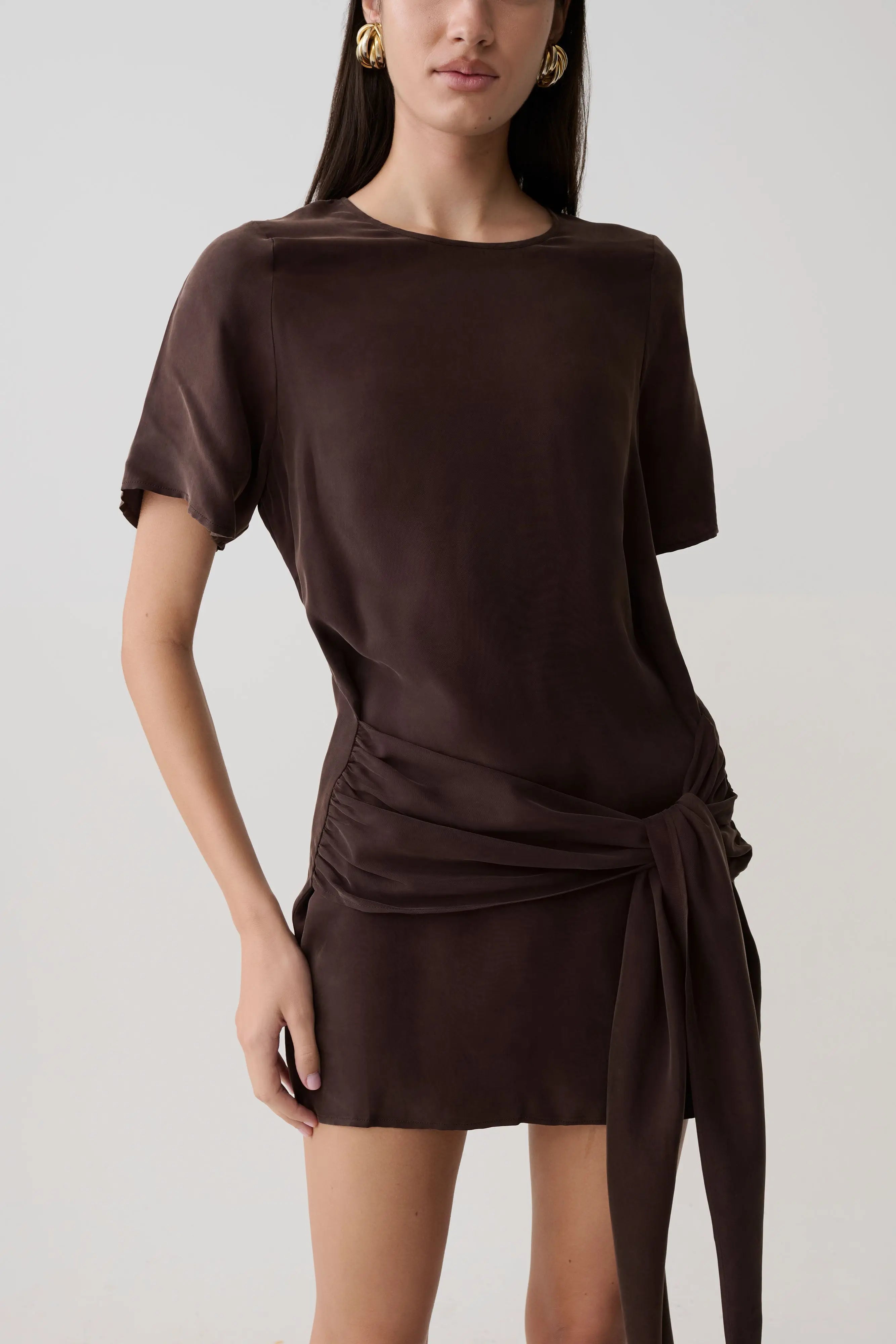 Chic A-Line Round Neck Short Sleeve Ruched Tie-Waist Chocolate Mini Homecoming Dress