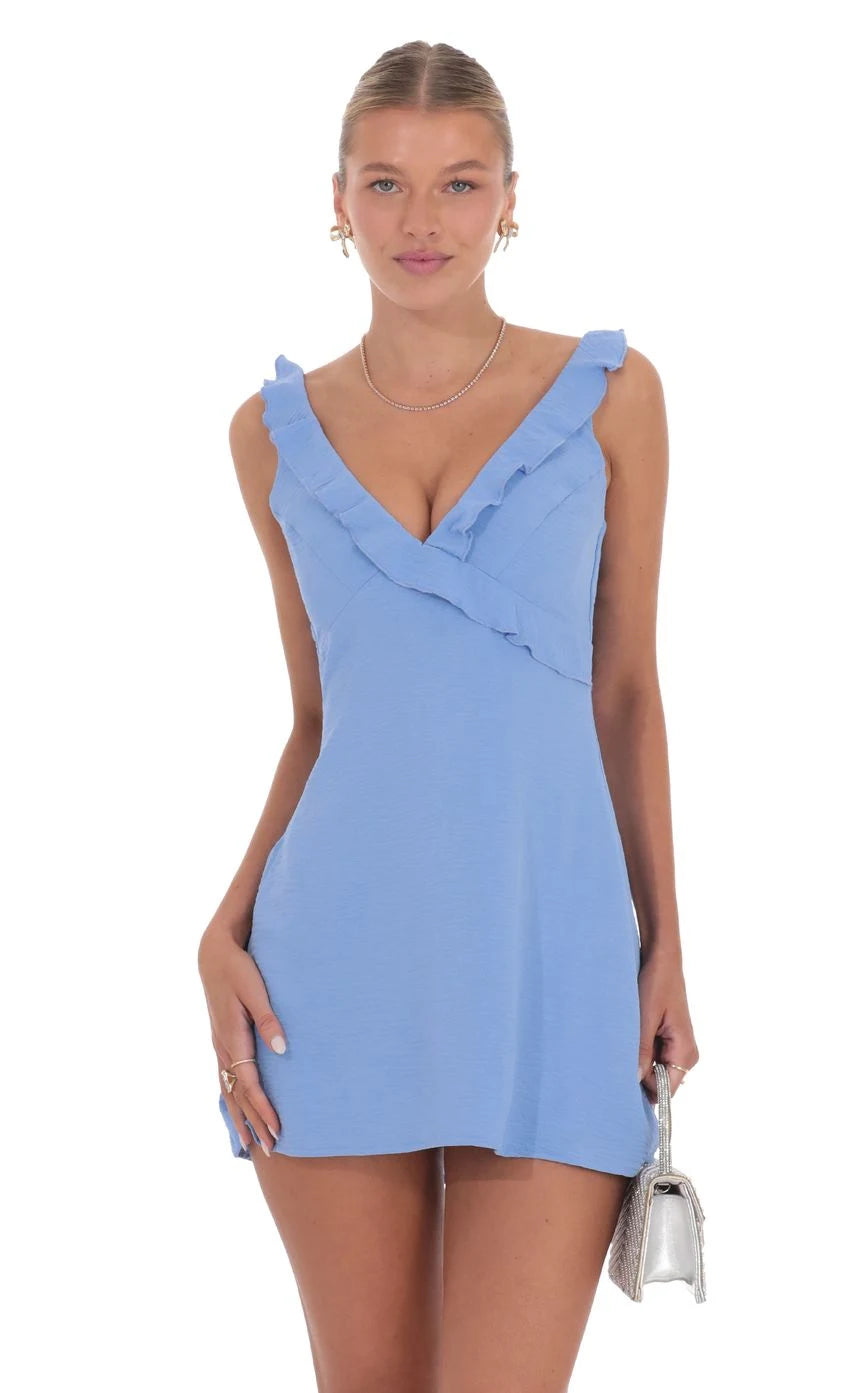 Chic A-Line Ruffled V-Neck Sleeveless Playful Open-Back Sky Blue Mini Homecoming Dresses