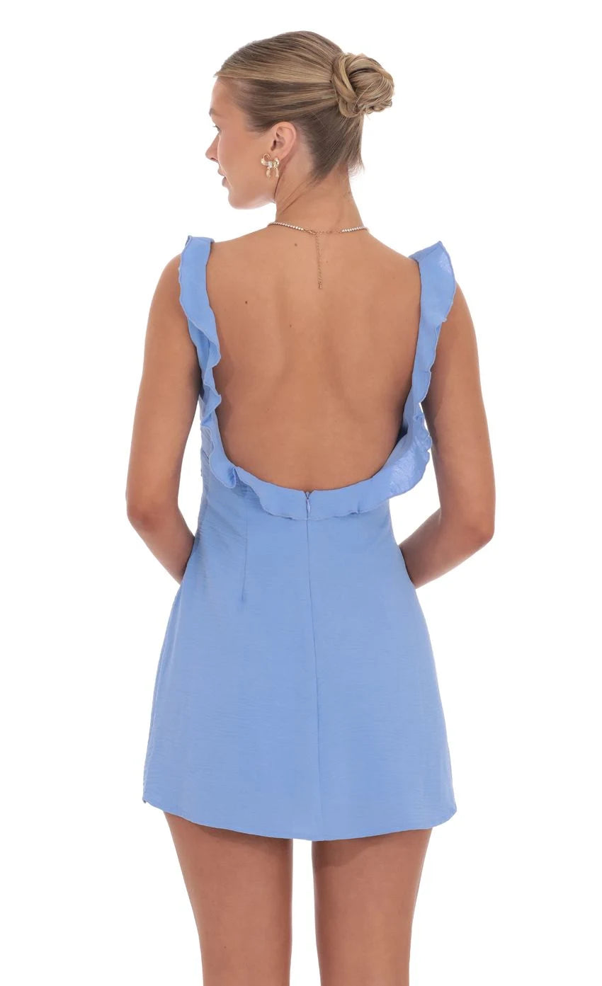 Chic A-Line Ruffled V-Neck Sleeveless Playful Open-Back Sky Blue Mini Homecoming Dresses