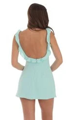 Chic A-Line Ruffled V-Neck Sleeveless Playful Open-Back Sky Blue Mini Homecoming Dresses