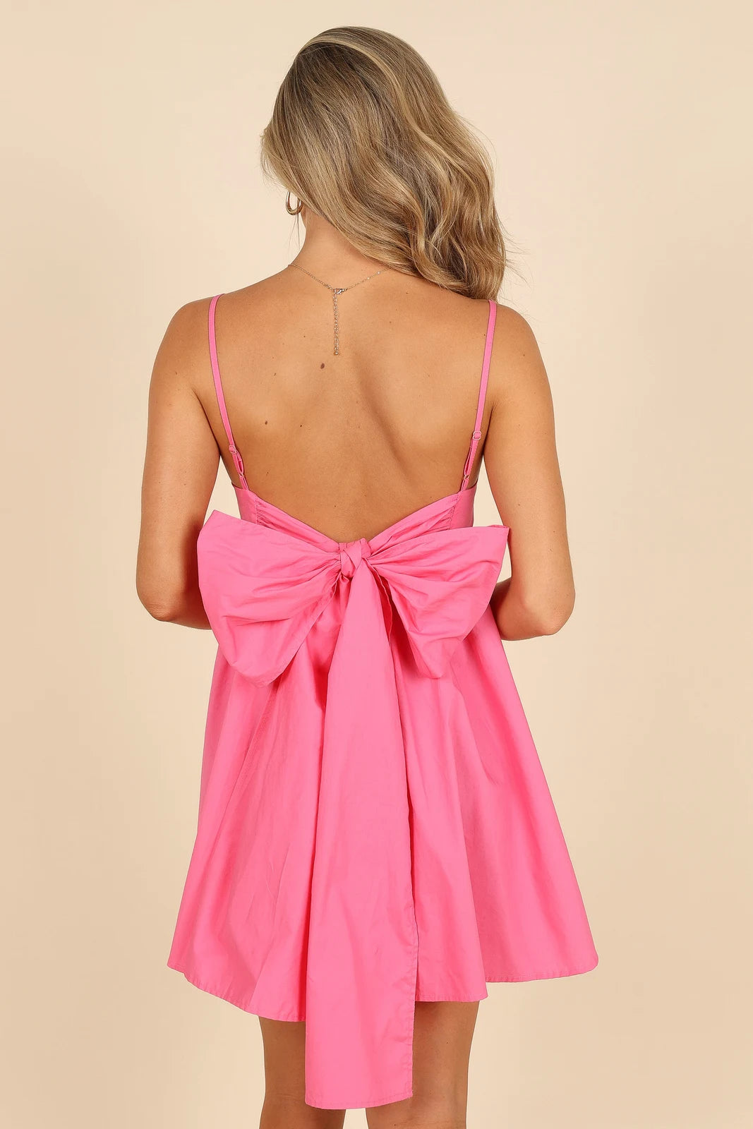 Chic A-Line Spaghetti Strap Backless Bow-Tie Hot Pink Mini Homecoming Dress Women's