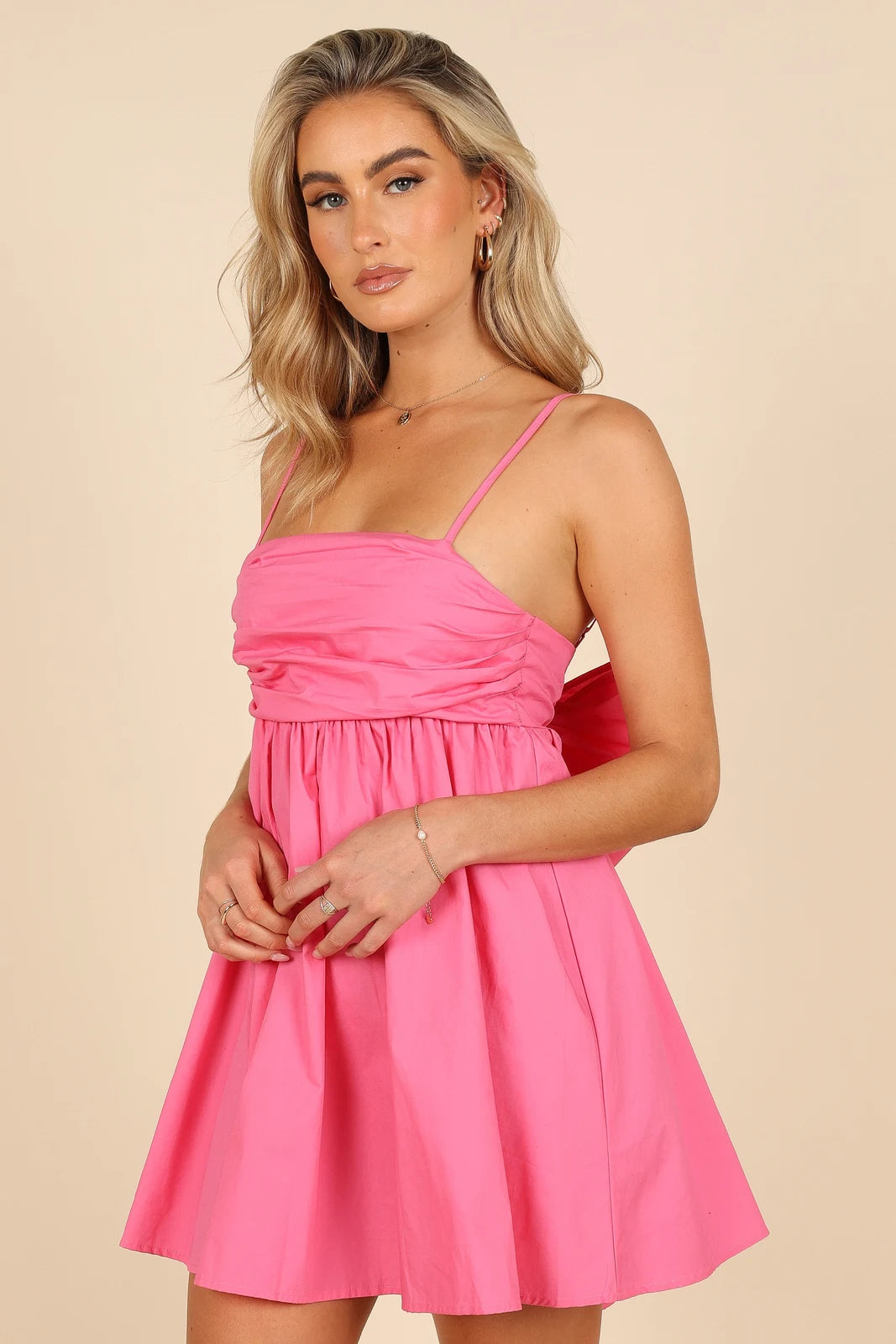 Chic A-Line Spaghetti Strap Backless Bow-Tie Hot Pink Mini Homecoming Dress Women's