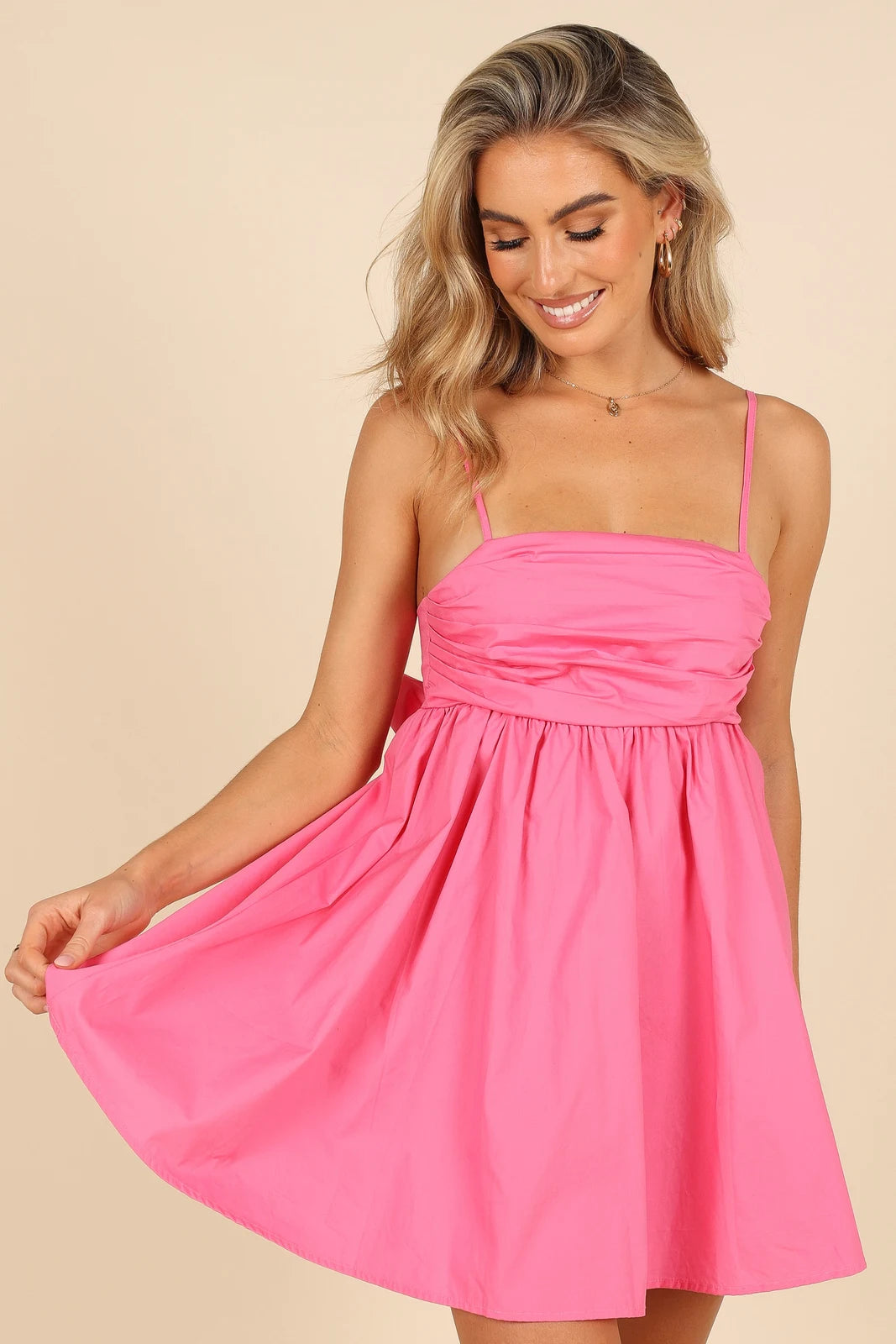 Chic A-Line Spaghetti Strap Backless Bow-Tie Hot Pink Mini Homecoming Dress Women's