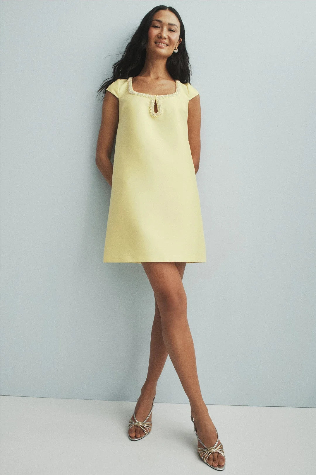 Chic A-Line Square Neck Cap Sleeve Pearl Yellow Mini Homecoming Dress