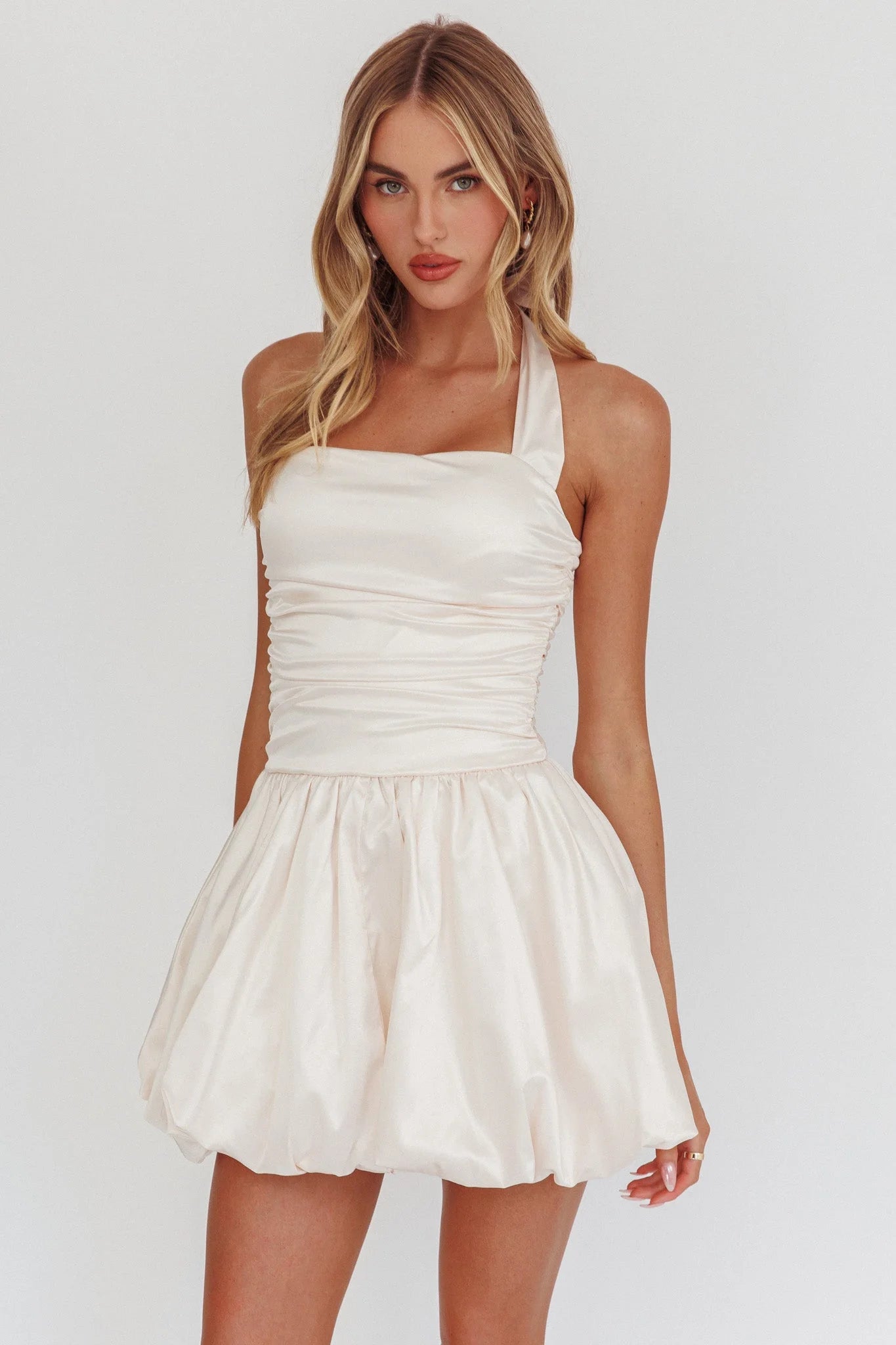 Chic A-Line Square Neck Halter Ruched Ivory Mini Homecoming Dress Women's
