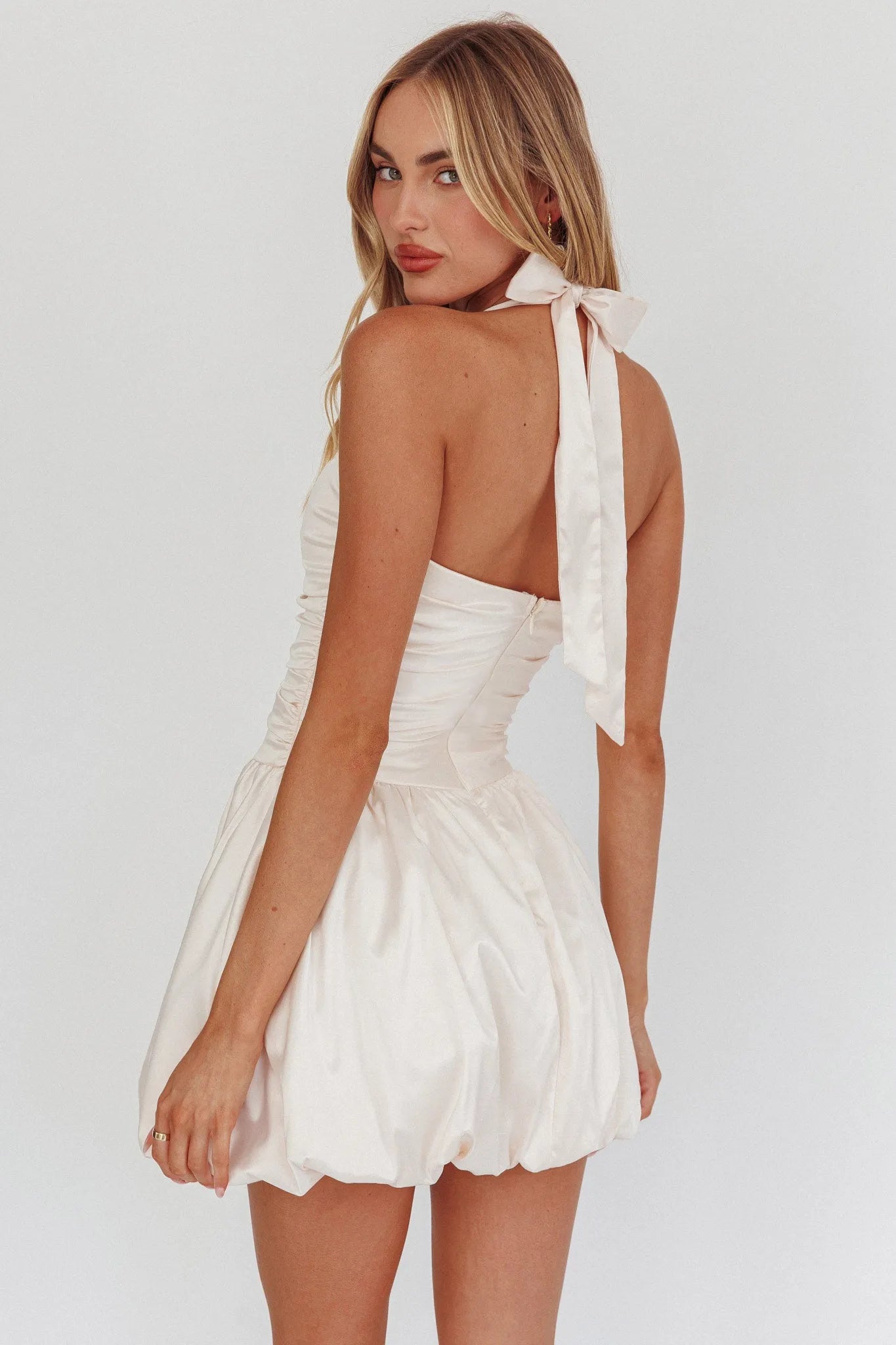 Chic A-Line Square Neck Halter Ruched Ivory Mini Homecoming Dress Women's