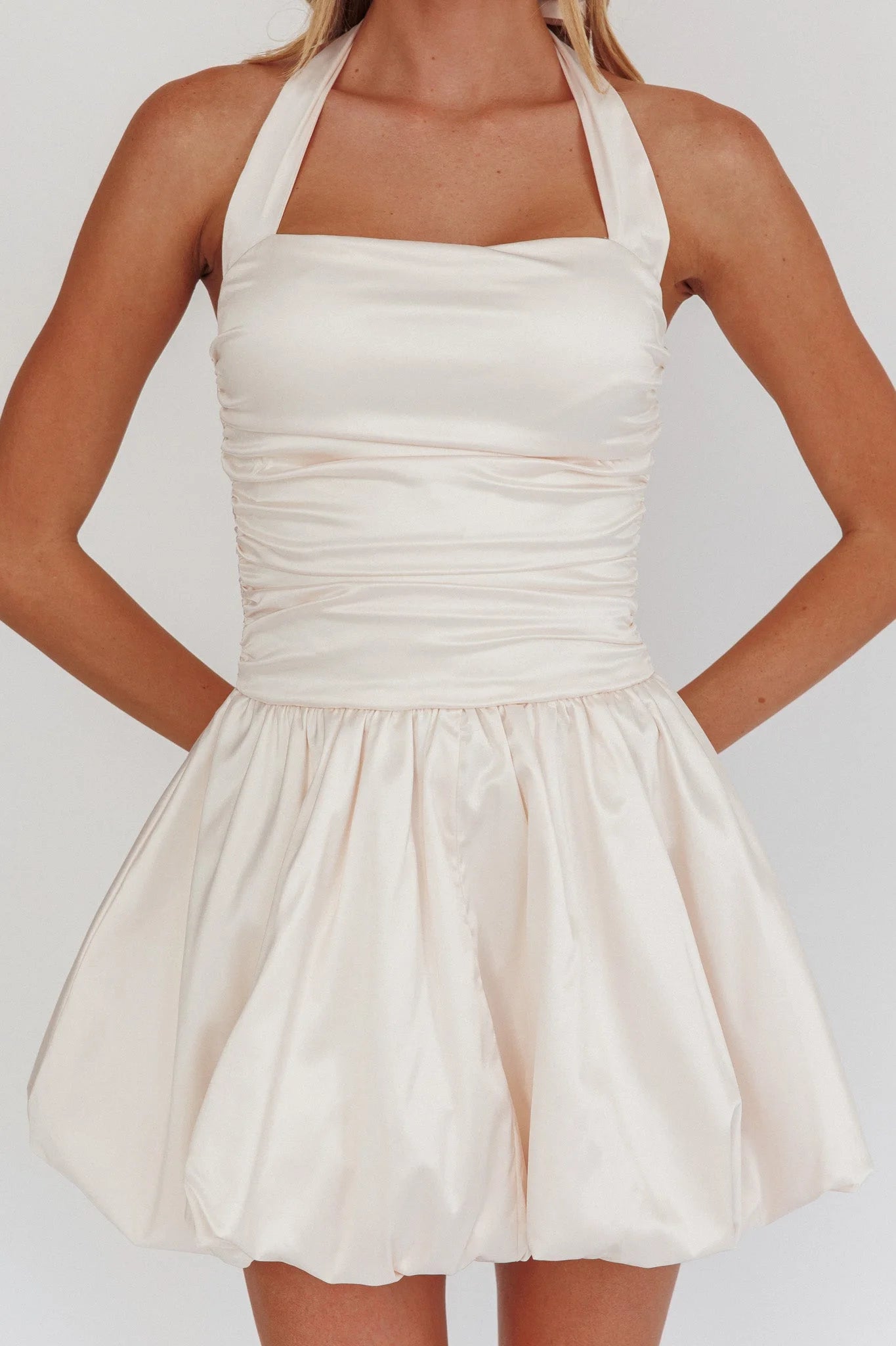 Chic A-Line Square Neck Halter Ruched Ivory Mini Homecoming Dress Women's