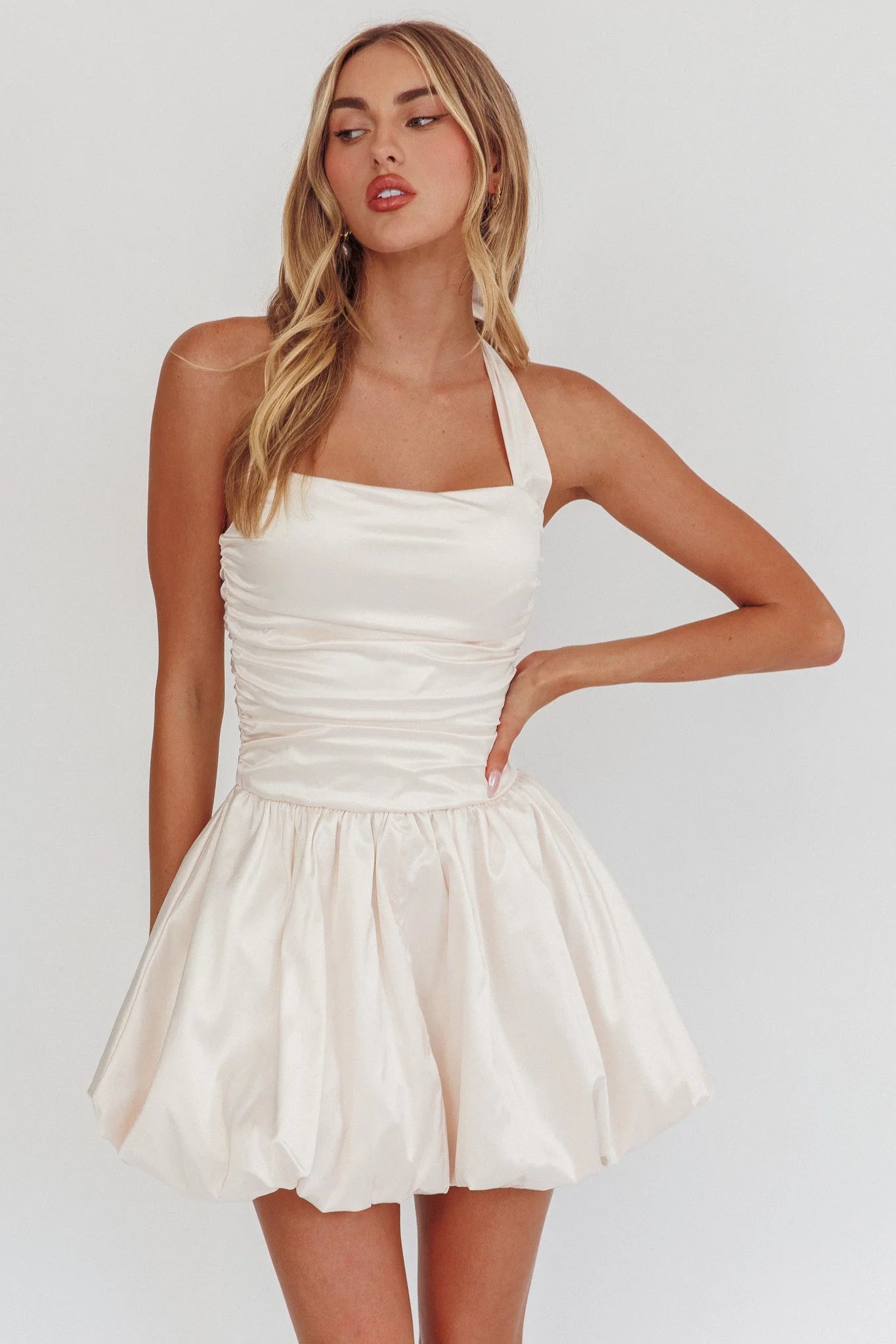 Chic A-Line Square Neck Halter Ruched Ivory Mini Homecoming Dress Women's