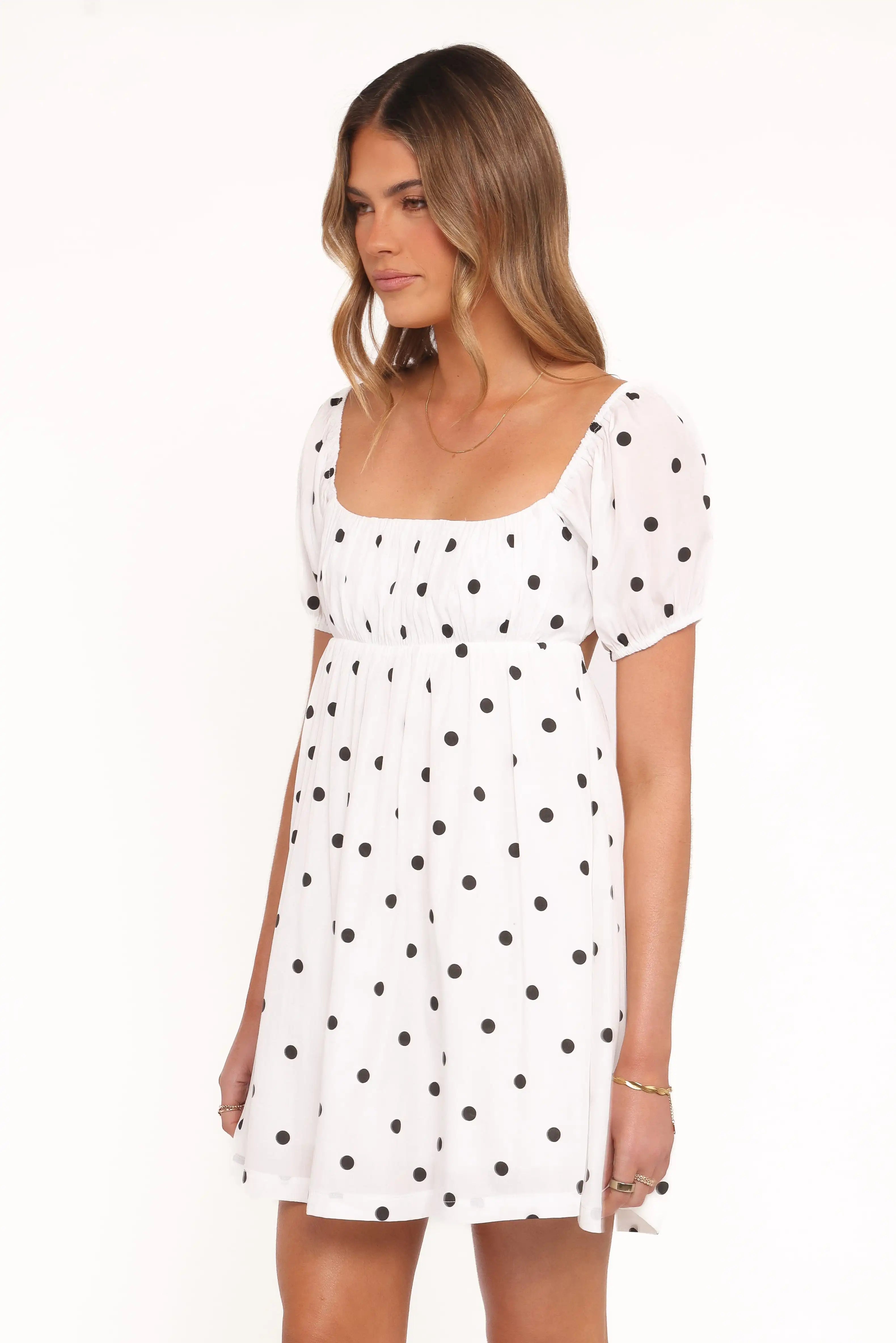 Chic A-Line Square Neck Puff Sleeve Polka Dot Cutout White Mini Homecoming Dress