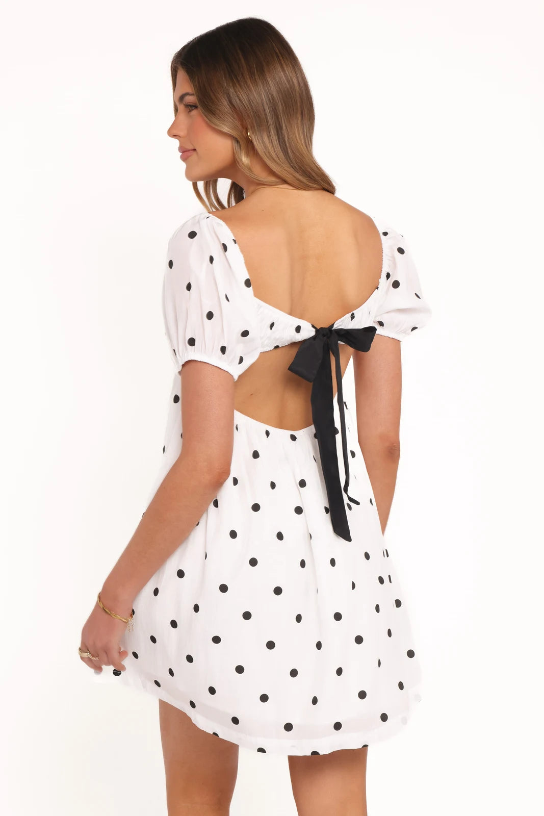 Chic A-Line Square Neck Puff Sleeve Polka Dot Cutout White Mini Homecoming Dress