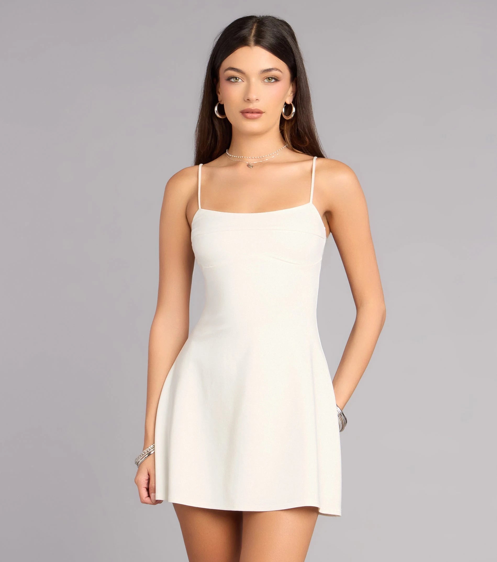 Chic A-Line Square Neck Sleeveless Minimalist Flirty Cream Mini Homecoming Dress Women's