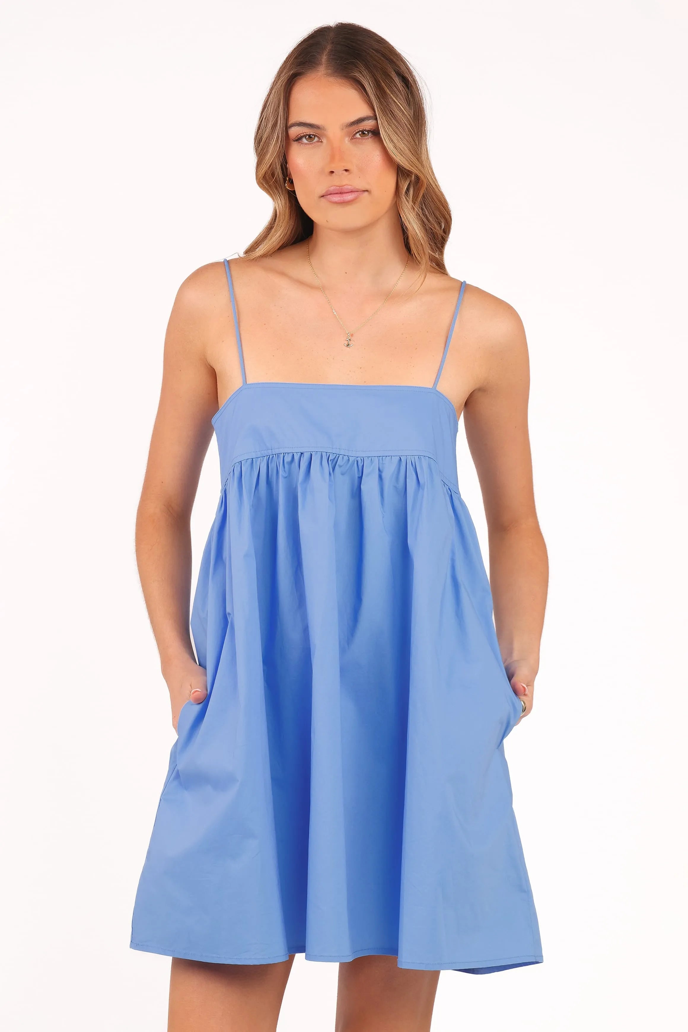 Chic A-Line Square Neck Sleeveless Pleated Tie-Back Blue Mini Homecoming Dress Women's