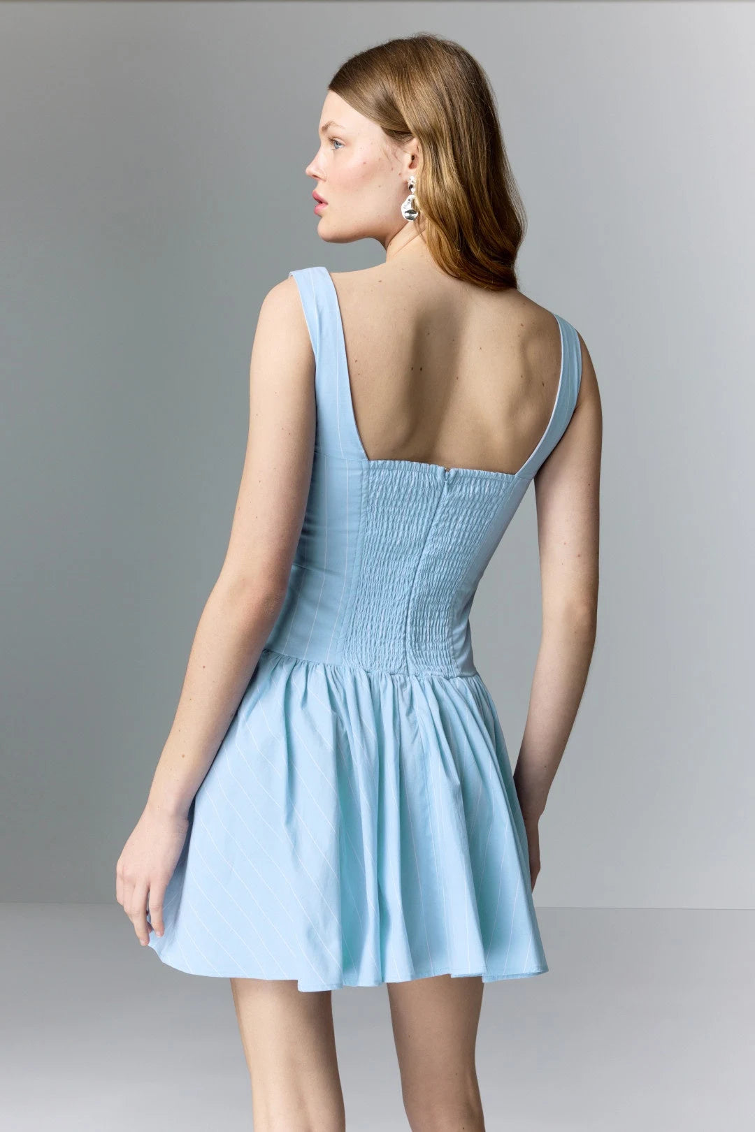 Chic A-Line Square Neck Sleeveless Striped Drop-Waist Sky Blue Mini Homecoming Dress