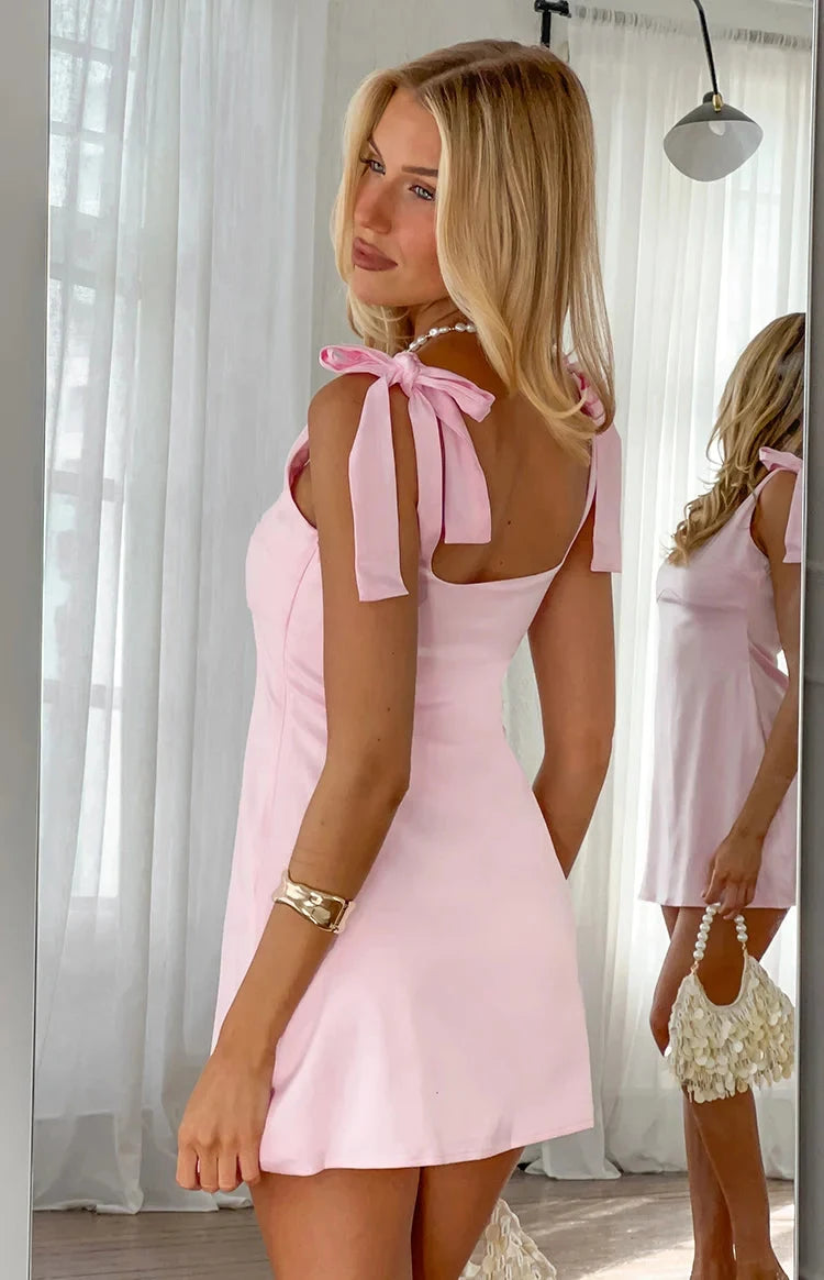 Chic A-Line Square Neck Tie-Shoulder Pleated Light Pink Mini Homecoming Dress Women's