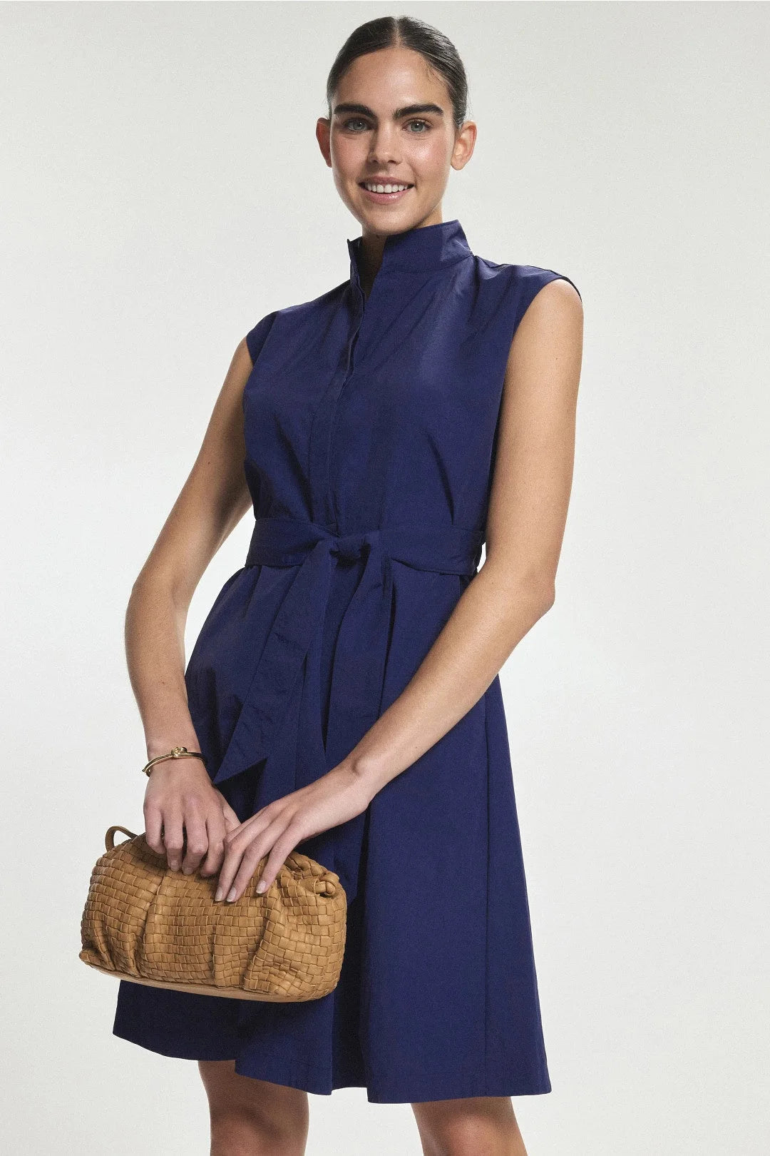 Chic A-Line Stand Collar Sleeveless Belted Navy Blue Mini Homecoming Dress for Women