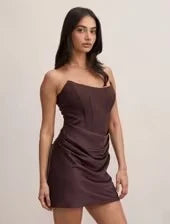Chic A-Line Strapless Corset Draped Dark Brown Mini Homecoming Dress