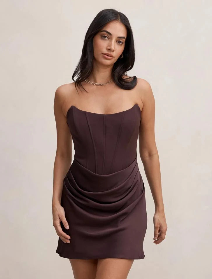 Chic A-Line Strapless Corset Draped Dark Brown Mini Homecoming Dress