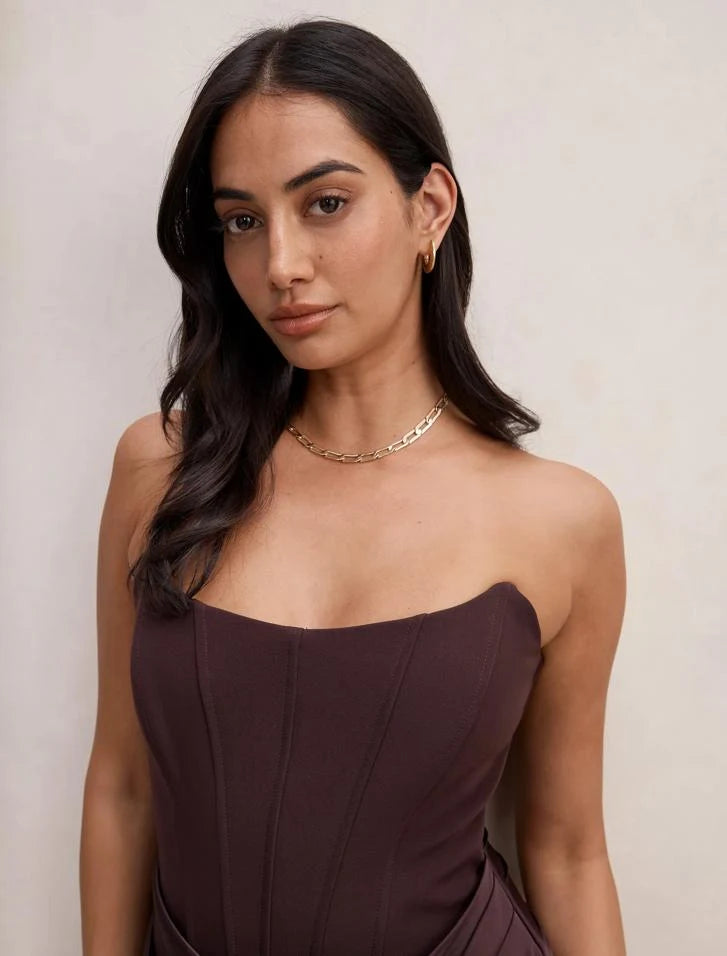 Chic A-Line Strapless Corset Draped Dark Brown Mini Homecoming Dress