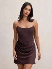 Chic A-Line Strapless Corset Draped Dark Brown Mini Homecoming Dress
