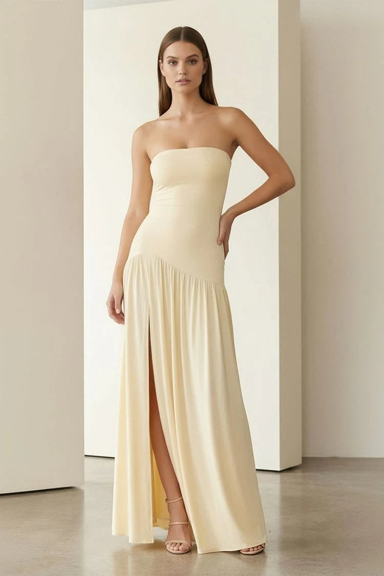 Chic A-Line Strapless Draped Slit Pale Yellow Maxi Prom Dress For Women