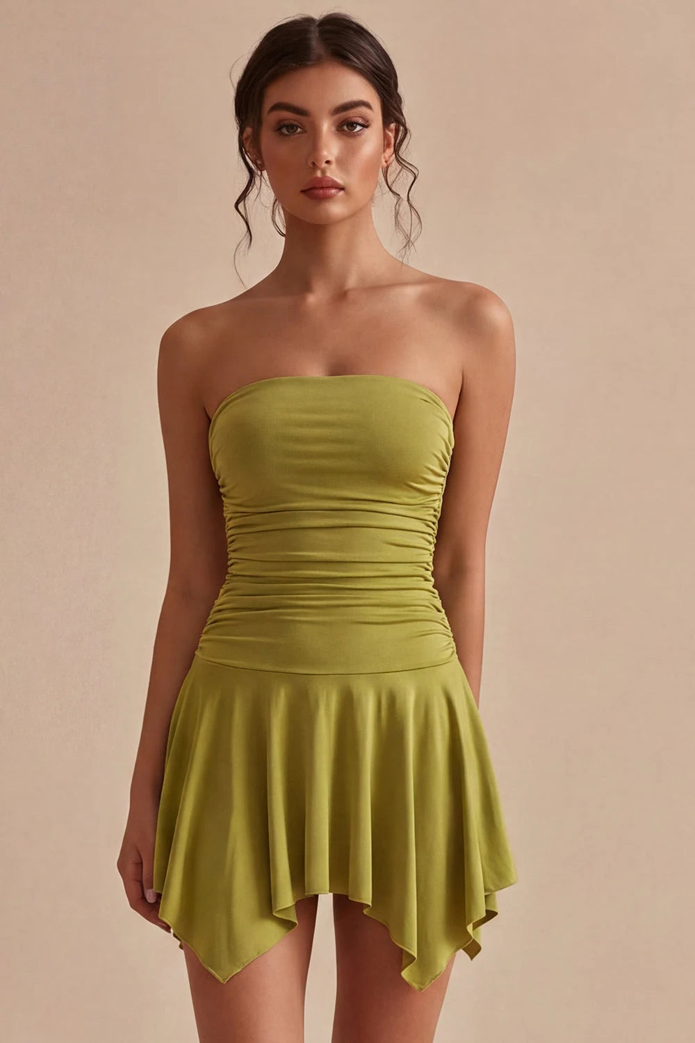 Chic A-Line Strapless Ruched Asymmetrical Olive Mini Homecoming Dress Women's