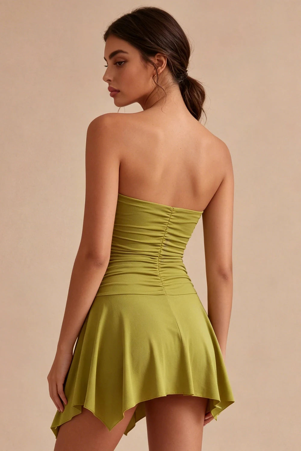 Chic A-Line Strapless Ruched Asymmetrical Olive Mini Homecoming Dress Women's