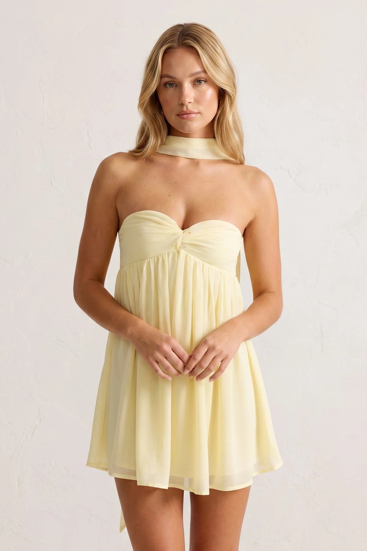 Chic A-Line Strapless Ruched Draped Pale Yellow Mini Homecoming Dress Women's Gown