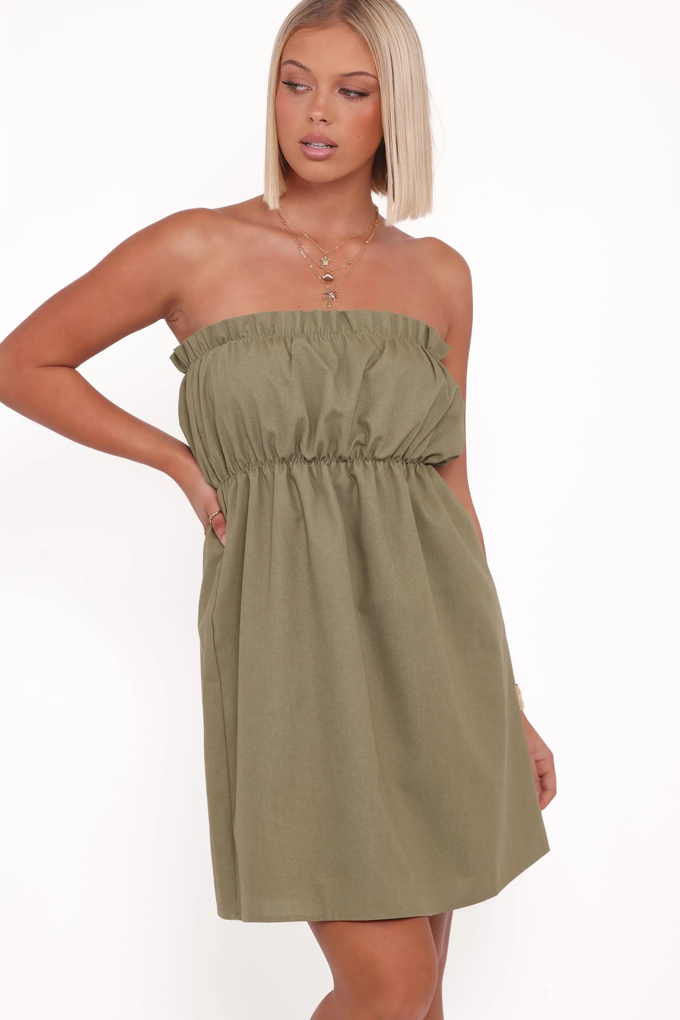 Chic A-Line Strapless Ruched Flowy Olive Green Mini Homecoming Dress Women's