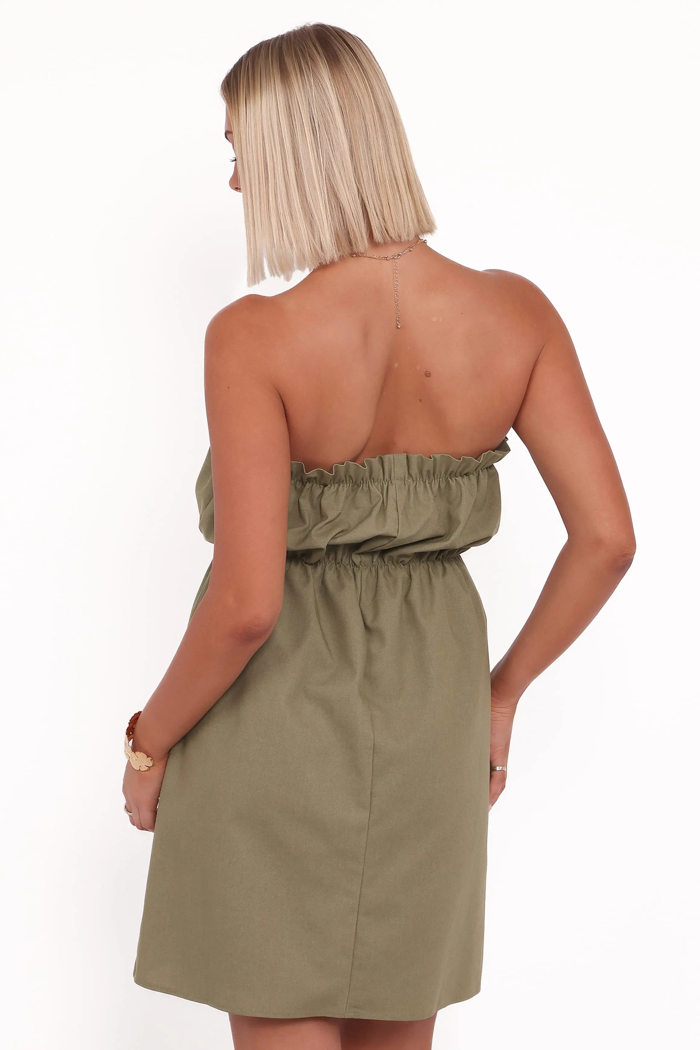 Chic A-Line Strapless Ruched Flowy Olive Green Mini Homecoming Dress Women's