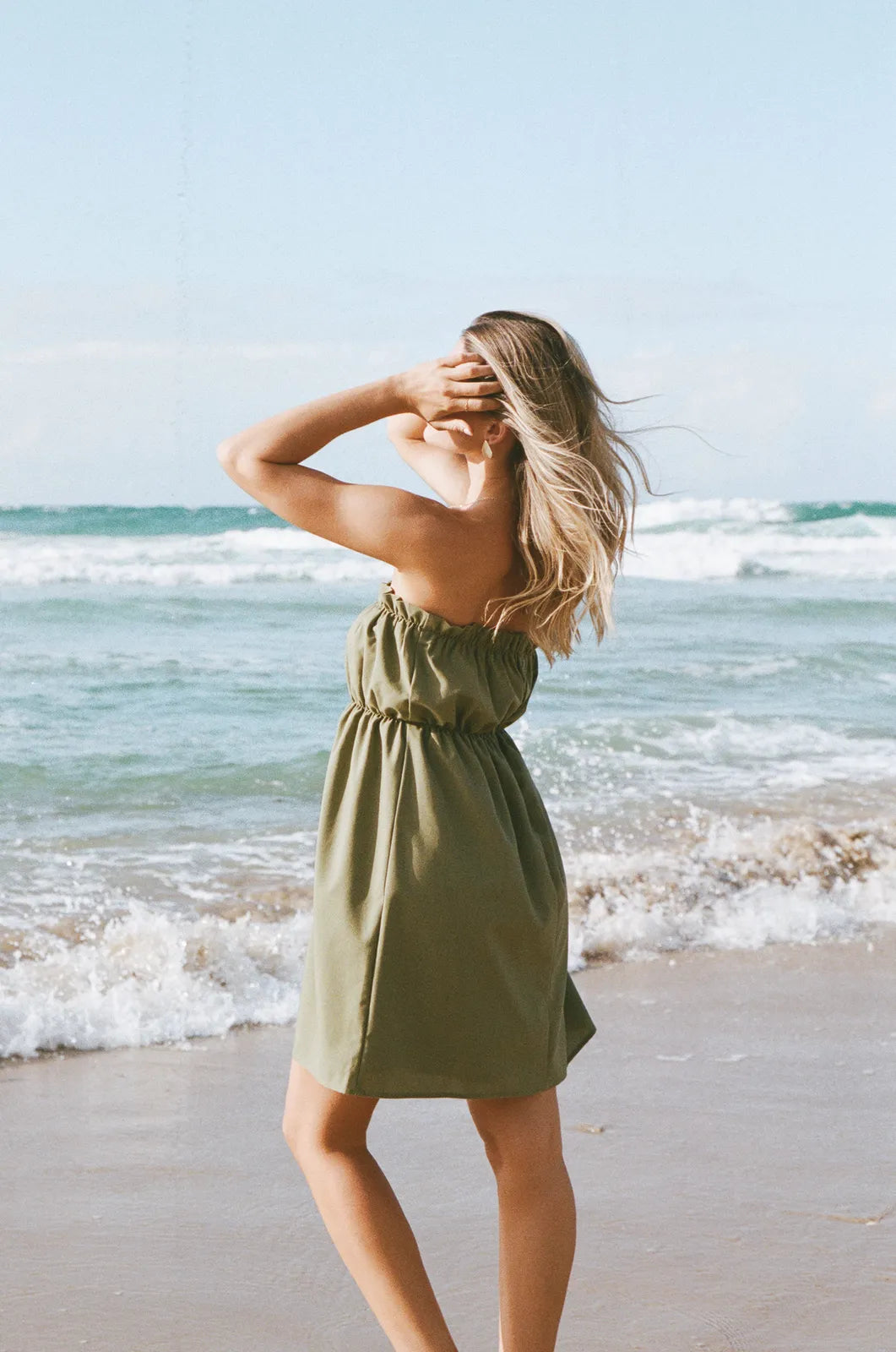 Chic A-Line Strapless Ruched Flowy Olive Green Mini Homecoming Dress Women's