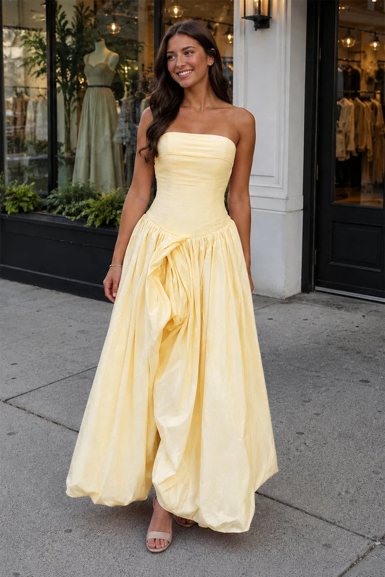 Chic A-Line Strapless Sleeveless Bubble Hem Pale Yellow Floor-Length Prom Gown