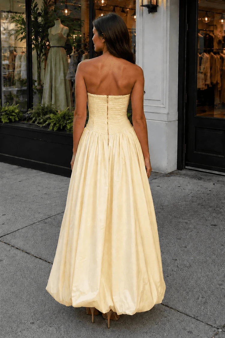 Chic A-Line Strapless Sleeveless Bubble Hem Pale Yellow Floor-Length Prom Gown