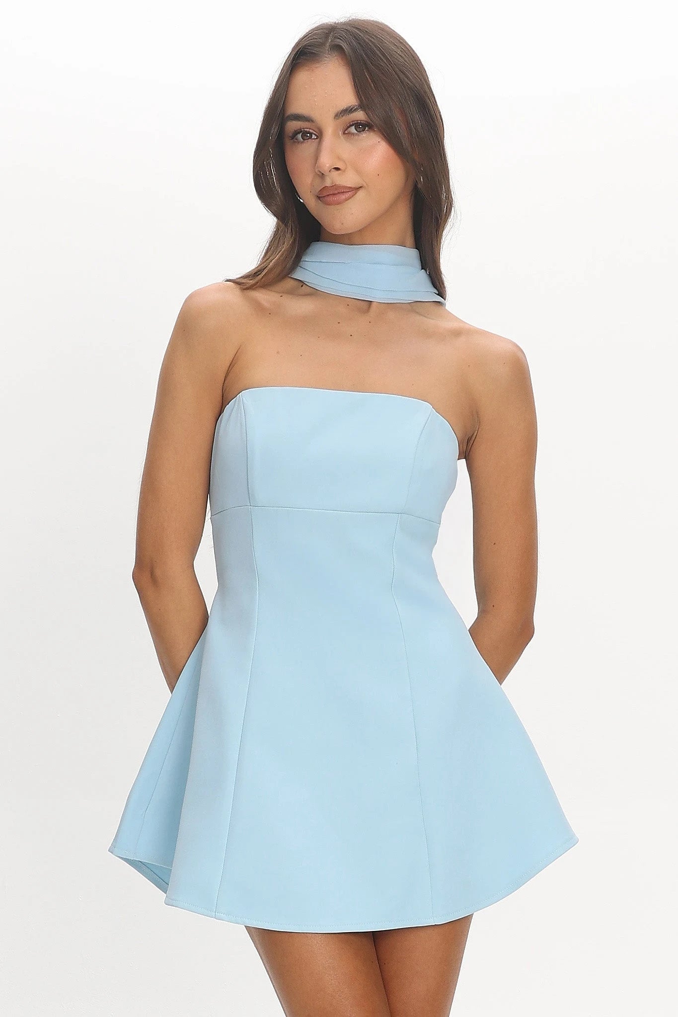 Chic A-Line Strapless Sleeveless Draped Light Blue Mini Homecoming Dress for Women