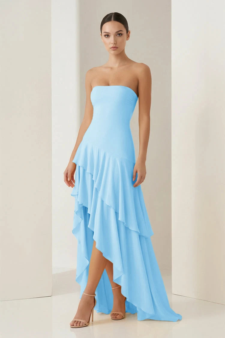 Chic A-Line Strapless Sleeveless Ruffled High-Low Sky Blue Prom Dresses Gown