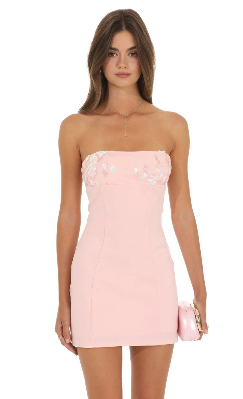 Chic A-Line Strapless Sleeveless Sequin Open Back Blush Pink Mini Homecoming Dress