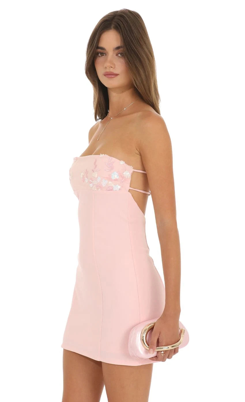 Chic A-Line Strapless Sleeveless Sequin Open Back Blush Pink Mini Homecoming Dress