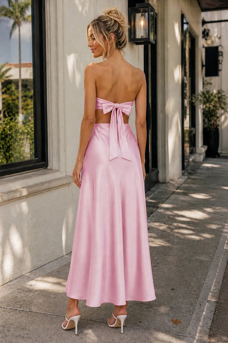 Chic A-Line Strapless Tie-Front Backless Pink Midi Prom Dress Women's Gown
