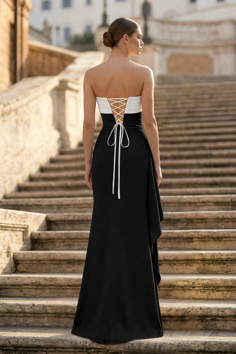 Chic A-Line Strapless Two-Tone Ruched Black White Floor-Length Prom Gown