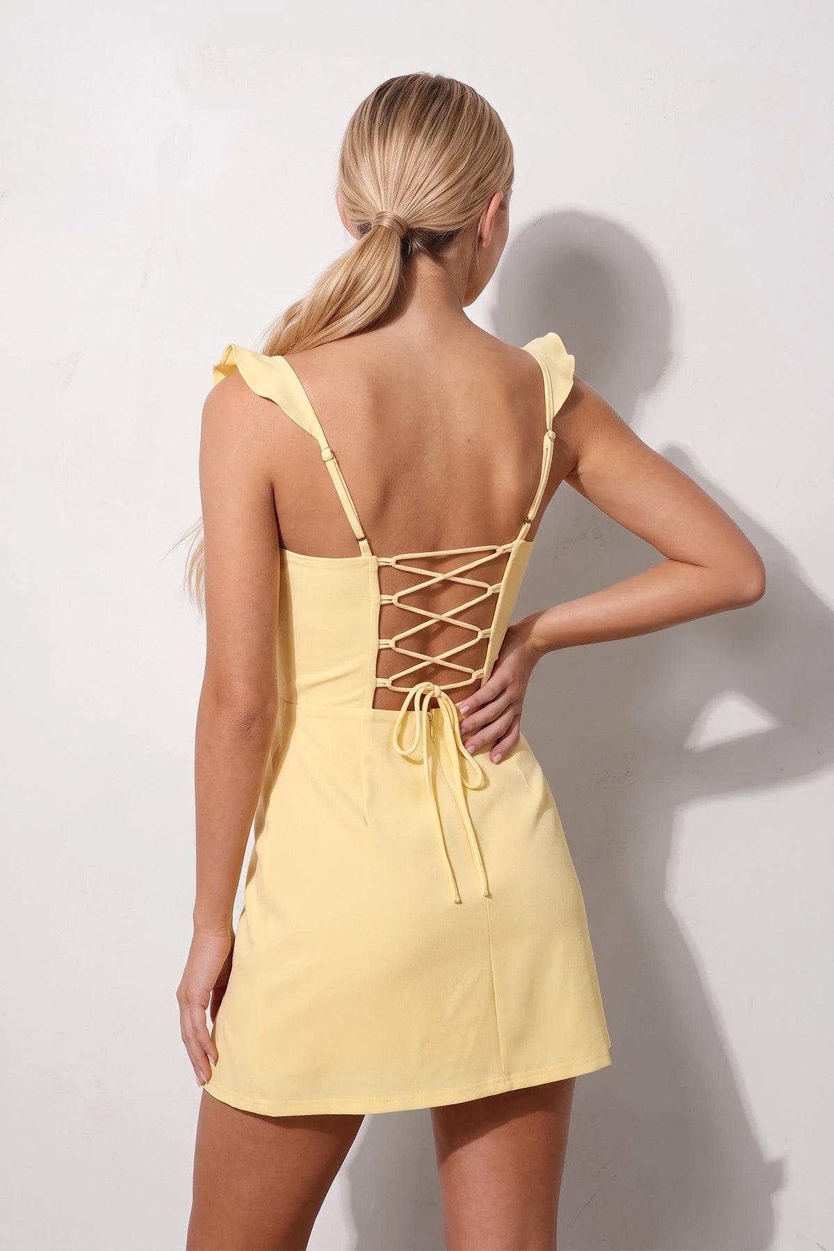Chic A-Line Sweetheart Ruffled Lace-Up Pastel Yellow Mini Homecoming Dress for Women
