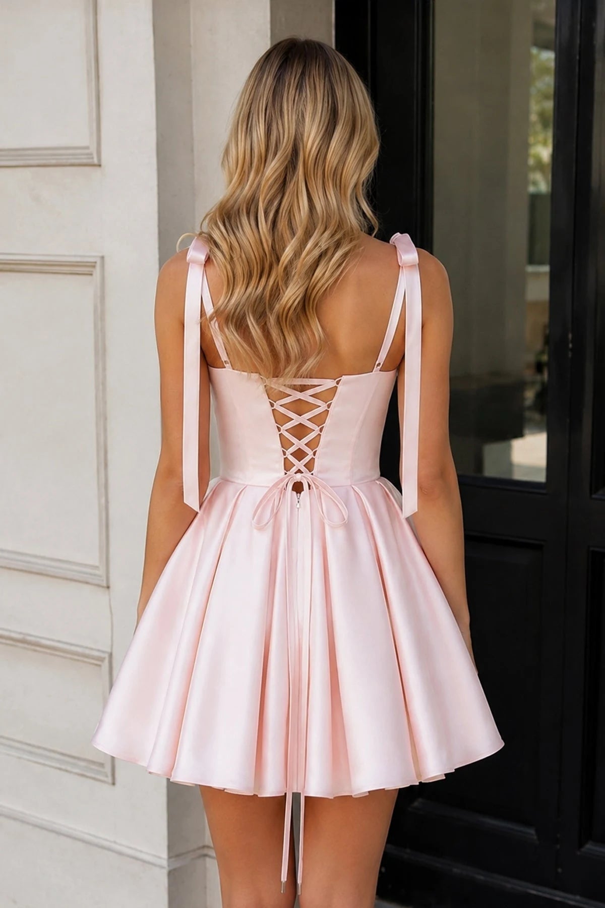 Chic A-Line Sweetheart Sleeveless Corset Bow-Tie Pink Mini Homecoming Dress