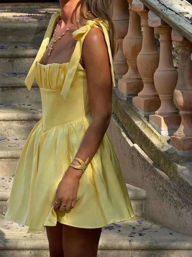 Chic A-Line Sweetheart Sleeveless Ruched Tie-Shoulder Yellow Mini Homecoming Dress
