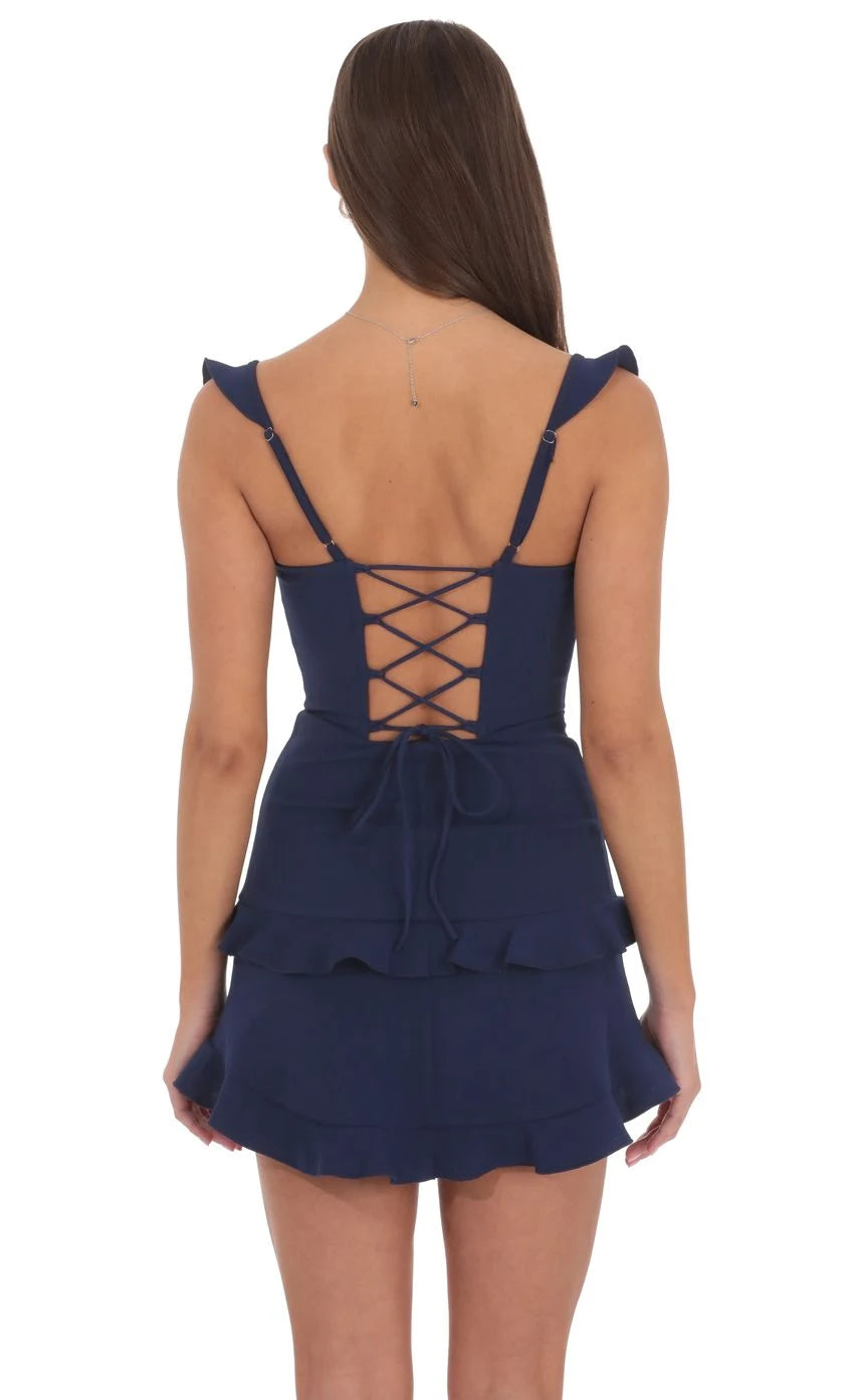 Chic A-Line Sweetheart Sleeveless Ruffle Tiered Navy Blue Mini Homecoming Dress