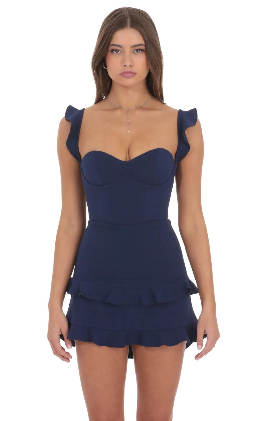 Chic A-Line Sweetheart Sleeveless Ruffle Tiered Navy Blue Mini Homecoming Dress