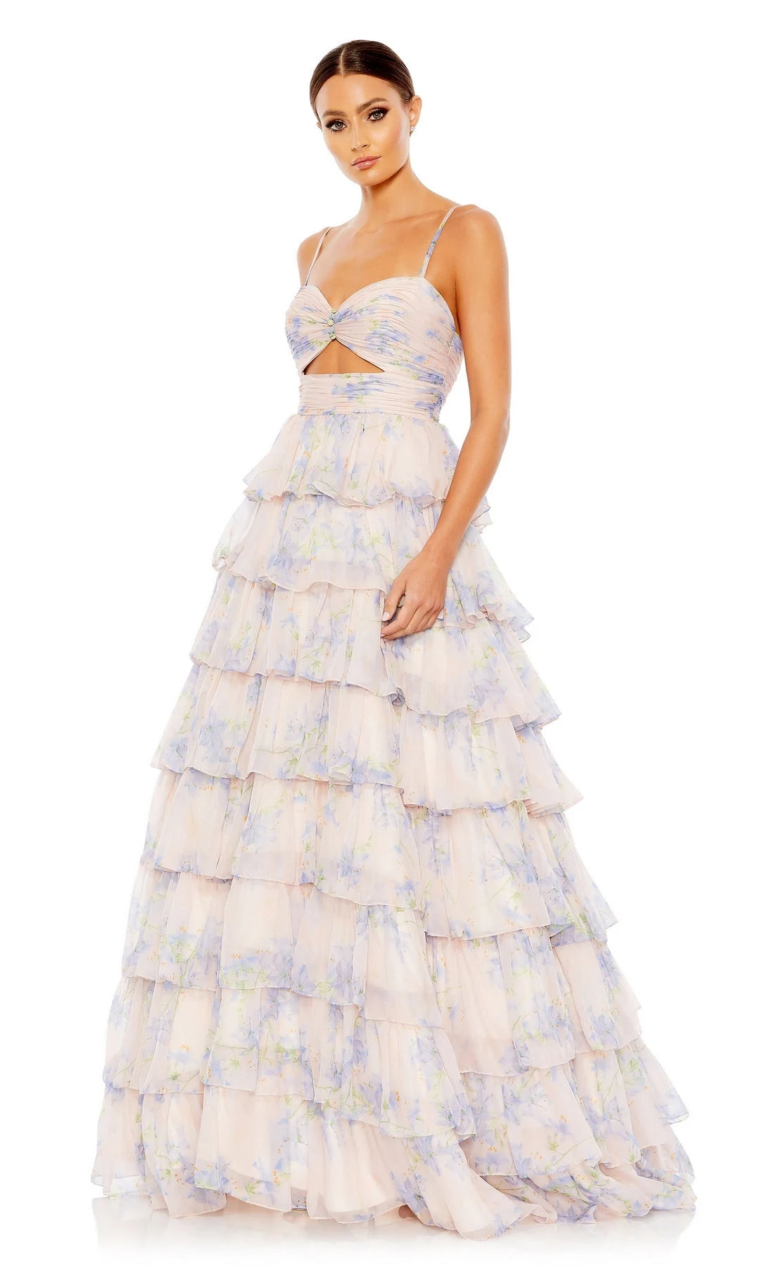 Chic A-Line Sweetheart Sleeveless Tiered Cutout Floral Maxi Prom Dresses Women
