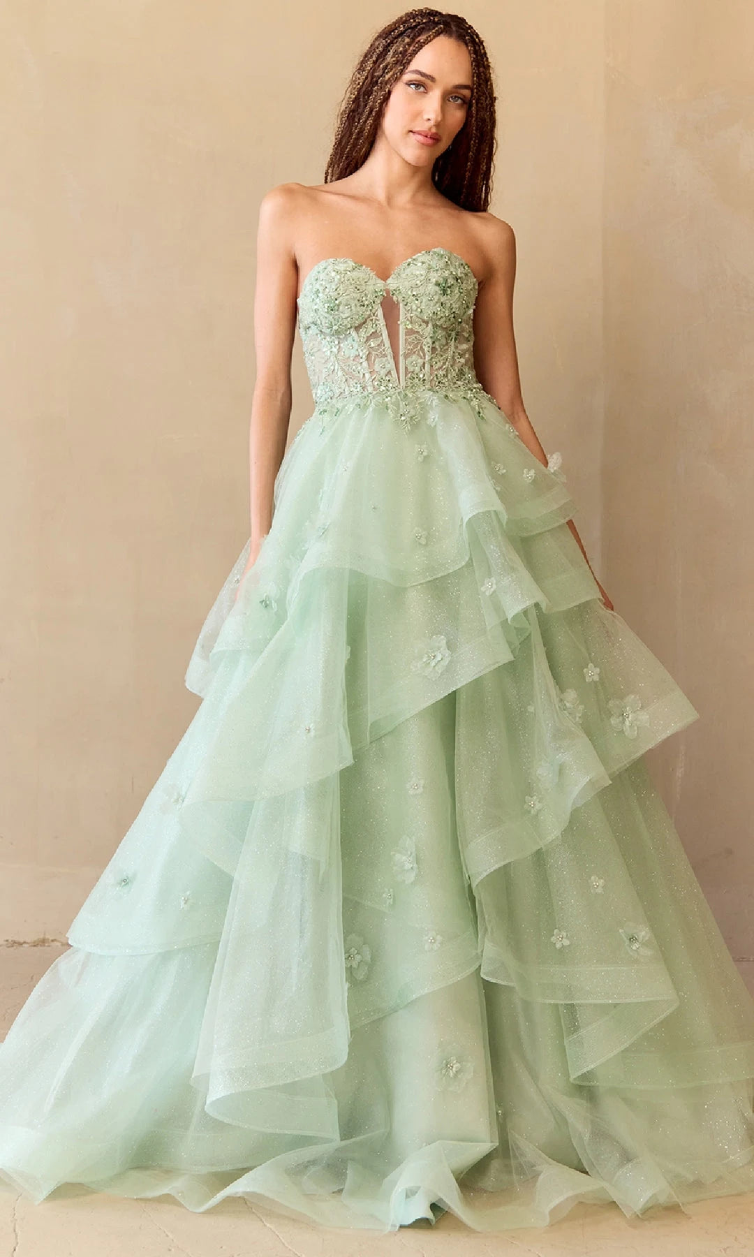 Chic A-Line Sweetheart Sleeveless Tiered Floral Mint Long Prom Dresses Women