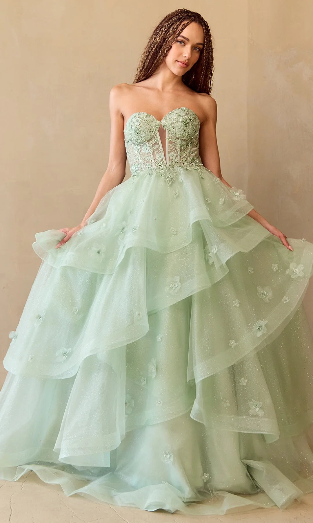 Chic A-Line Sweetheart Sleeveless Tiered Floral Mint Long Prom Dresses Women