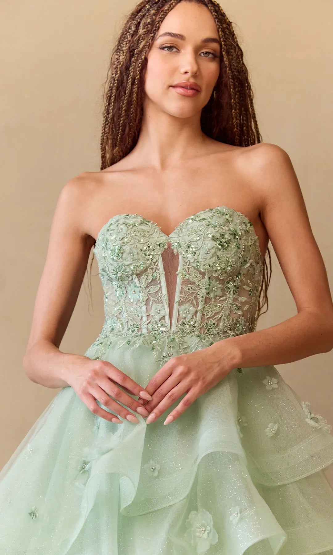 Chic A-Line Sweetheart Sleeveless Tiered Floral Mint Long Prom Dresses Women